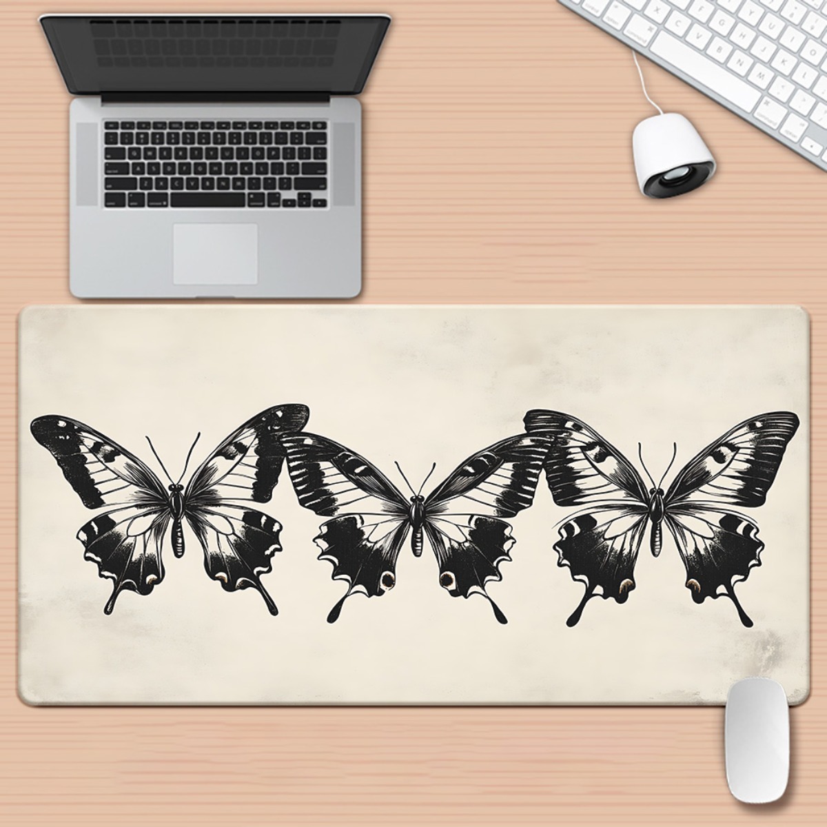 Vintage Gaming Accessories - Butterfly Illustration Desk Mat Black and